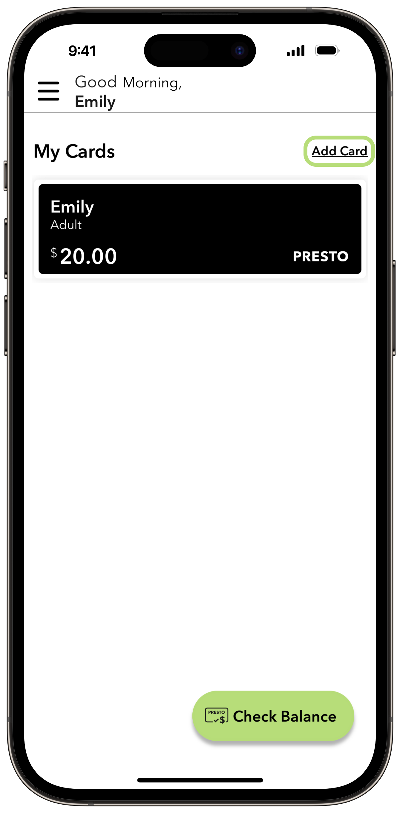 Get a new PRESTO card in Apple Wallet using the PRESTO app Step 1 Screenshot