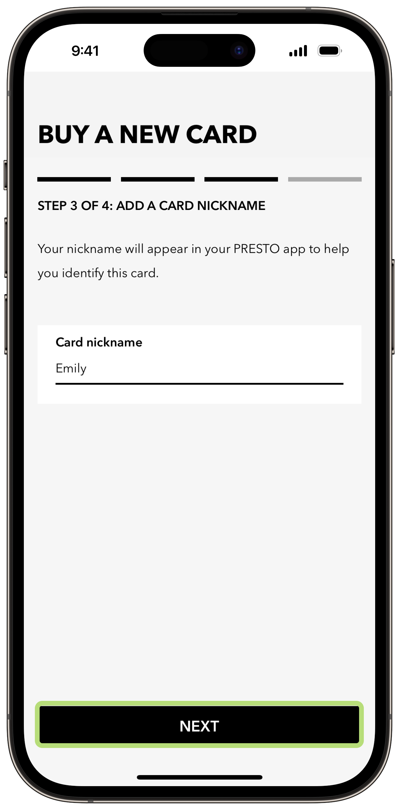 Get a new PRESTO card in Apple Wallet using the PRESTO app Step 4 Screenshot